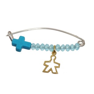 Ασημένια καρφίτσα με σταυρό , πέτρες και επίχρυσο μοτίφ αγόρι