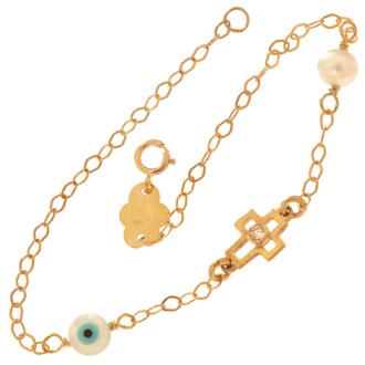 Χρυσό 9k βραχιόλι Σταυρός Μάτι Μαργαριτάρι