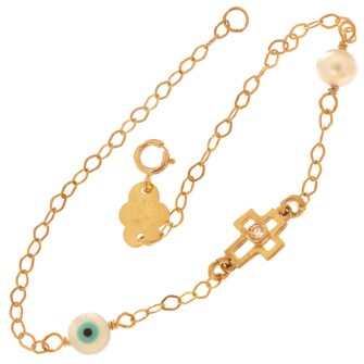 Χρυσό 9k βραχιόλι Σταυρός Μάτι Μαργαριτάρι