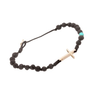 Βραχιόλι κορδόνι ασημένιος Σταυρός Πέτρες Λάβα