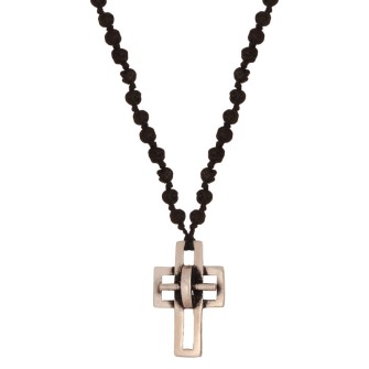 Κολιέ κορδόνι Ροζάριο ασημένιος Σταυρός