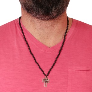 Κολιέ κορδόνι Ροζάριο ασημένιος Σταυρός