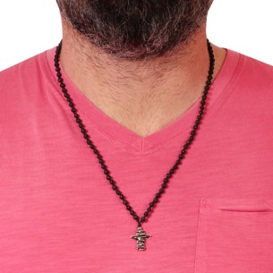 Κολιέ κορδόνι Ροζάριο ασημένιος Σταυρός