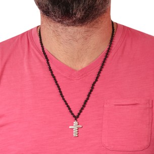 Κολιέ κορδόνι Ροζάριο ασημένιος Σταυρός