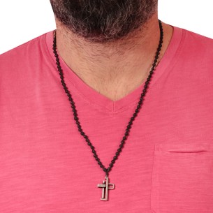 Κολιέ κορδόνι Ροζάριο ασημένιος Σταυρός