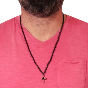 Κολιέ κορδόνι Ροζάριο ασημένιος Σταυρός