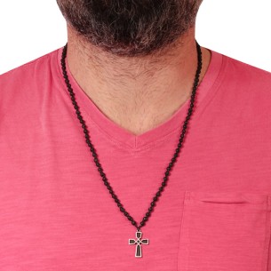 Κολιέ κορδόνι Ροζάριο ασημένιος Σταυρός