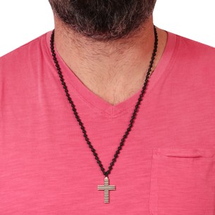 Κολιέ κορδόνι Ροζάριο ασημένιος Σταυρός