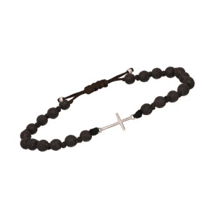 Βραχιόλι κορδόνι ασημένιος Σταυρός Πέτρες Λάβα