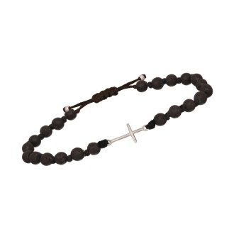 Βραχιόλι κορδόνι ασημένιος Σταυρός Πέτρες Λάβα