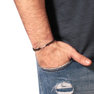 Βραχιόλι κορδόνι ασημένιος Σταυρός Πέτρες Λάβα