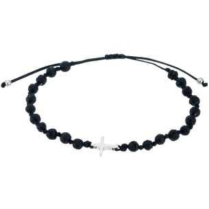 Βραχιόλι κορδόνι ασημένιος Σταυρός Πέτρες Λάβα