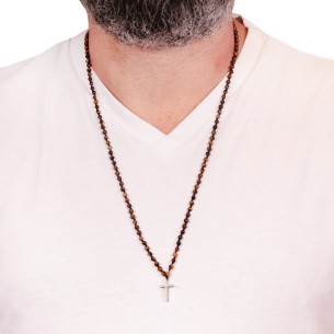 Κολιέ Ροζάριο Μάτι Τίγρη ασημένιος Σταυρός