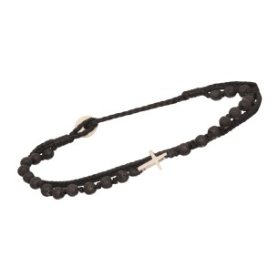 Βραχιόλι κορδόνι ασημένιος Σταυρός Πέτρες Λάβα