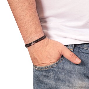 Βραχιόλι κορδόνι ασημένιος Σταυρός Πέτρες Λάβα