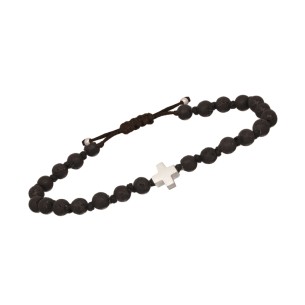 Βραχιόλι κορδόνι ασημένιος Σταυρός Πέτρες Λάβα