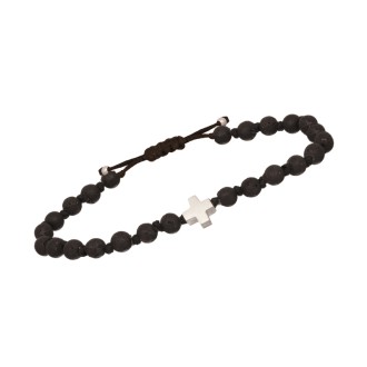 Βραχιόλι κορδόνι ασημένιος Σταυρός Πέτρες Λάβα