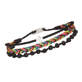 Βραχιόλι κορδόνια ασημένιος Σταυρός πέτρες Λάβα