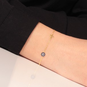 Ασημένιο επίχρυσο βραχιόλι Σταυρός Μάτι