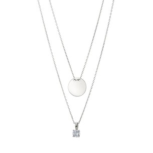 Ασημένιο επιπλατινωμένο κολιέ Σέτ Αλυσίδες Δίσκος Μονόπετρο