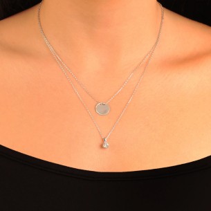 Ασημένιο επιπλατινωμένο κολιέ Σέτ Αλυσίδες Δίσκος Μονόπετρο