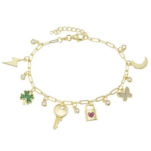 Ασημένιο επίχρυσο βραχιόλι Αλυσίδα Γούρια