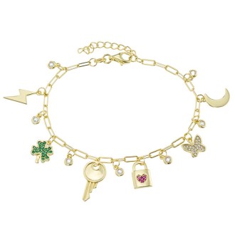 Ασημένιο επίχρυσο βραχιόλι Αλυσίδα Γούρια